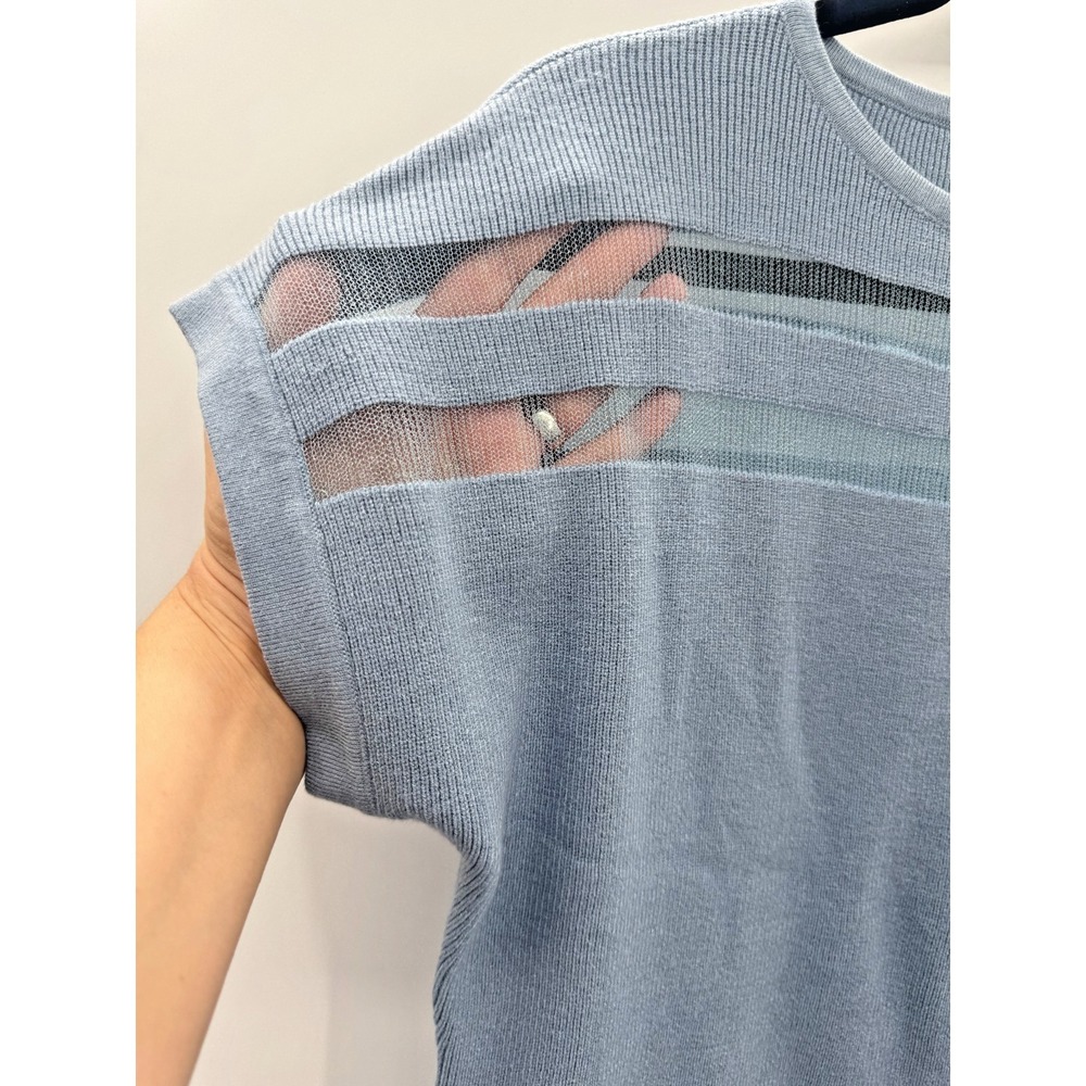 Sioni Blue Short Sleeve Knit Sweater Medium Stretch Sheer Mesh Inlay Cottagecore - Picture 4 of 12
